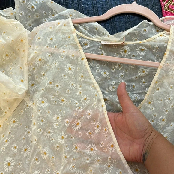 Tory Burch Susanna Daisy Print Flutter Sleeve Sheer Midi Dress Sz 8 - Picture 11 of 16